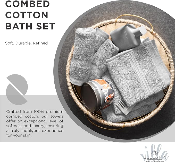 Villa Celestia 10-Piece 100% Cotton Towel Set, 2 Bath Towels, 4 Hand Towels, 4 Wash Cloth, Quick-Dry, Silver