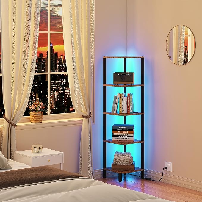 TUTOTAK Corner Shelf with LED Light, 5-Tier Corner Bookshelf | for Small Space, Narrow Display Corner Shelf Stand with Storage Rack, for Living Room, Bedroom, Rustic Brown BS08BB005L