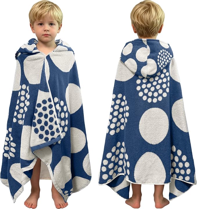 VOOVA & MOVAS Kids Hooded Towel, 3-8 Years, 100% Cotton, Dark Blue Dot | Classic Dot Jacquard Craft, Powerful Absorbency, Multi-Scene Use for Bath, Beach, Pool and Swimming