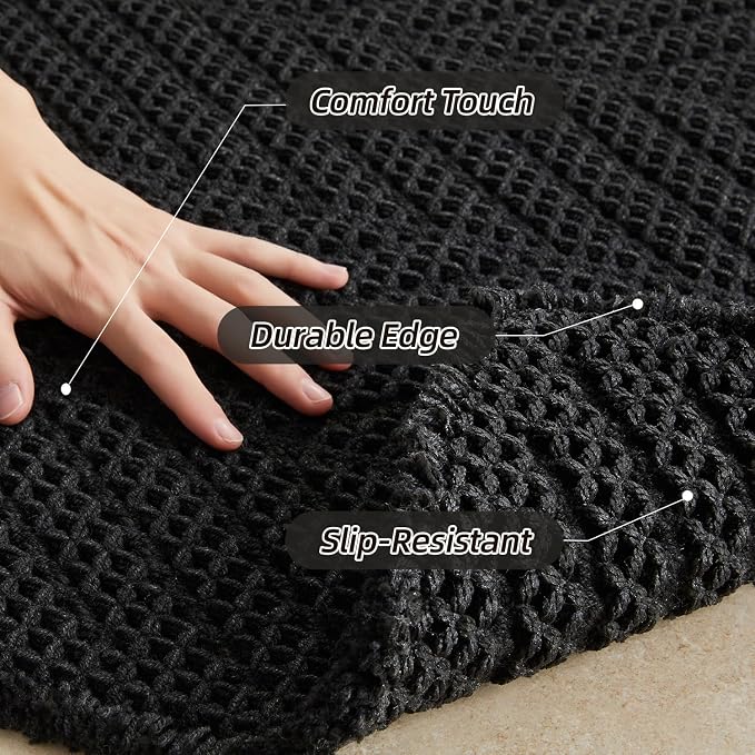 Sunfly Black Bathroom Rug, Waffle Bath Mat Non-Slip Washable Super Absorbent Quick Dry, Boho Farmhouse Bathroom Decor 24"x48" Black