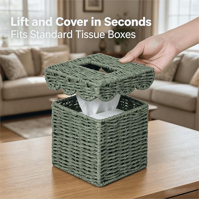 CubesLand Square Wicker Tissue Box Cover W/Scalloped Lid for Home Decor | Handwoven Facial Tissues Boxes Fits Living Room Table Decor, Rustic Farmhouse Boho Bathroom Decorative, Green