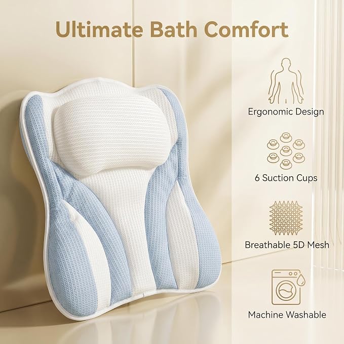 Blue White Bath Bathtub Pillow Spa Pillows for Tub. | Bath Pillow With Comfortable Soft 5D Mesh Fabric Suction Cups Head Neck Back Support Women`s Men`s Relaxing Bathing Gifts