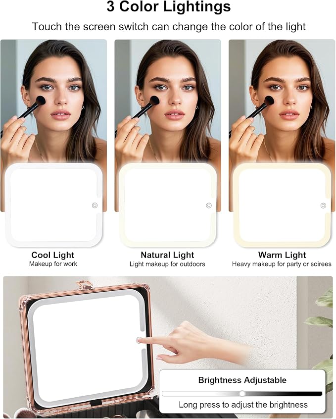 Relavel Makeup Bag with LED Mirror, Makeup Box Travel Train Case with Rechargeable Lighted Mirror, Cosmetic Brush Organizer Storage for Makeup Artists Gifts for Women and Girls, Rose Gold
