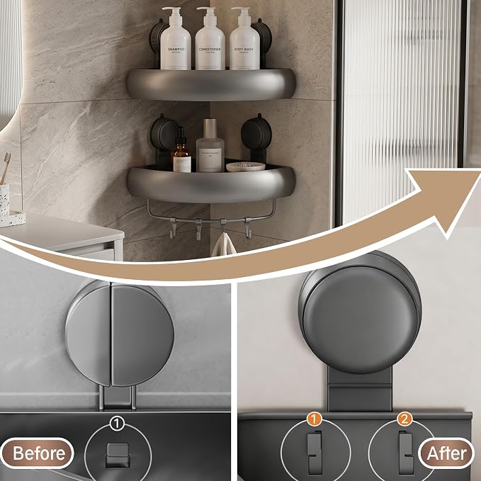 Shower Caddy Suction Cup（2-Pack Gray）, No-Drilling Corner Bathroom Organizer,Rust Proof Shower Shelf for Inside Shower with Removable Hooks & Towel Bar