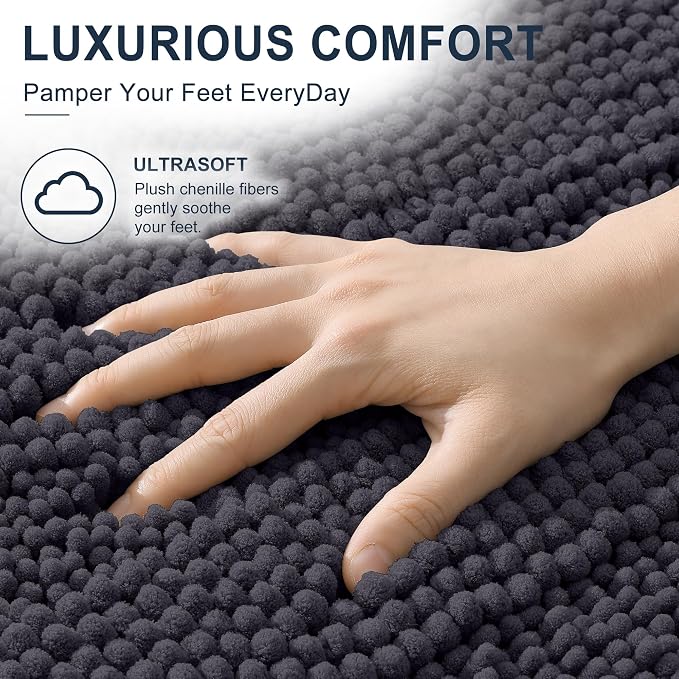 Smiry Thick Chenille Large Bathroom Runner Rugs 45x27, Bath Mat, Dark Grey | Quick‑Dry & Machine Washable, Non‑Slip Bath Carpet, Soft Striped Bath Rugs for Tub & Shower, Modern Home Decor Accessories
