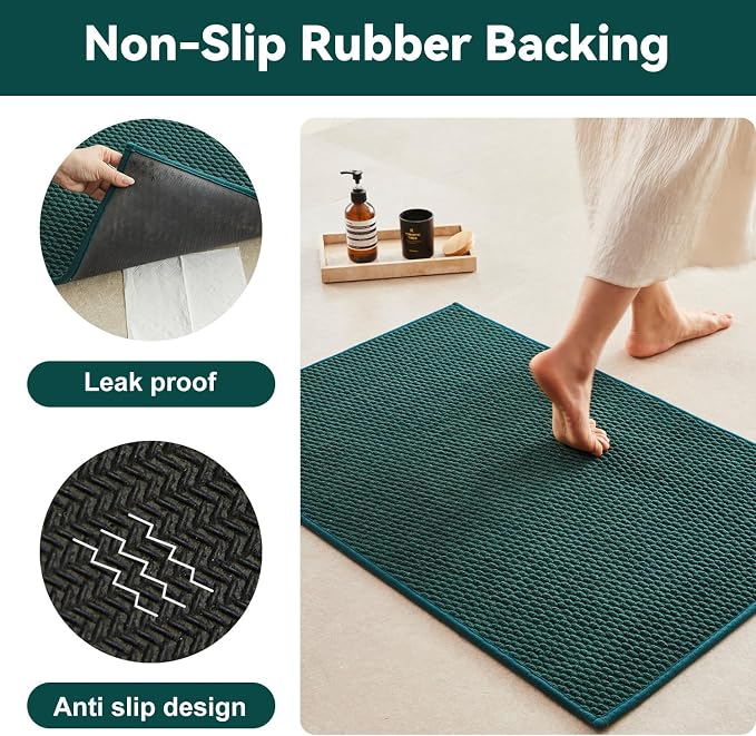 Triohero Bathroom Rugs Non Slip Washable, Super Absorbent Thin Bath Mat Small Quick Dry Low Pile Bathroom Rug, Dark Green 20"x30"