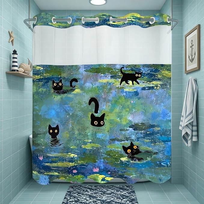 Accnicc Cute Cat No Hook Shower Curtain with Snap in Liner 71×74 Inch | Funny Fun Cool Cats Monet Hookless Shower Curtains, Water lilies Bath Curtain Decor, Waterproof Washable Polyester Fabric