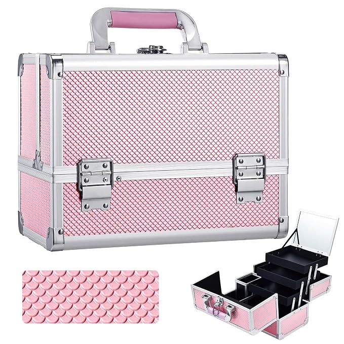 Joligrace 3-Tray Makeup Case with Mirror & Brush Holder, 11.6" Mermaid Pink | Cute mermaid style makeup train case with lots of storage capacity. Home makeup box holds cosmetics neatly and clean.