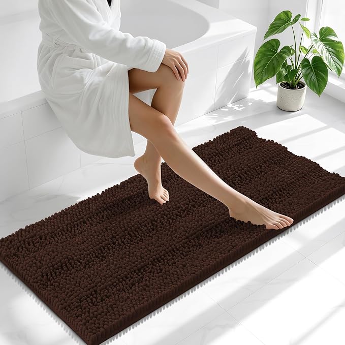 Smiry Thick Chenille Bathroom Runner Rugs 47x24, Absorbent Bath Mat, Brown | Quick‑Dry & Machine Washable, Non‑Slip Bath Carpet, Soft Striped Bath Rugs for Tub & Shower, Modern Home Decor Accessories