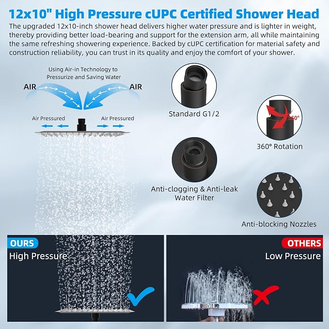Hibbent 12'' Rain Shower Head with 16'' Extension Arm, Oil Rubbed Bronze | cUPC Certified High Pressure Rainfall Showerhead with Solid Brass Adjustable Shower Head Extension Arm, Fixed Showerheads
