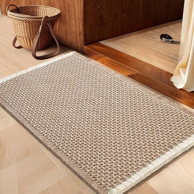 Waffle Bath Mat Beige & White 32"x20", Boho Woven Modern Bath Mat Rugs, Absorbent Non Slip Bathroom Rugs, Soft Washable Bath Rugs with Tassels for Bedroom, Kitchen, Shower, Tub