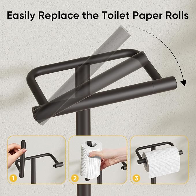 Matte Black Freestanding Toilet Paper Holder Stand Free Standing | SUS 304 Stainless Steel Tissue Rack with Pivoting Arm & Weighted Base for Bathroom