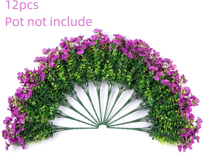 Artificial Flowers for Outdoor Indoor Garden Home Decoration, Faux Flower Daisy with Eucalyptus Leaves Fake Plants Greenery Boxwood Porch Patio, 12 Bundles (Purple)
