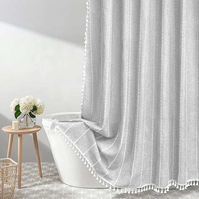 Seenus Boho Chic Shower Curtain Heavyweight with Tassels, Grey Linen Textured Soft Fabric Farmhouse Shower Curtain Water Repellent, 72 x 72 Inch Elegant Gray Striped Bathroom Curtain Wrinkle-Resistant