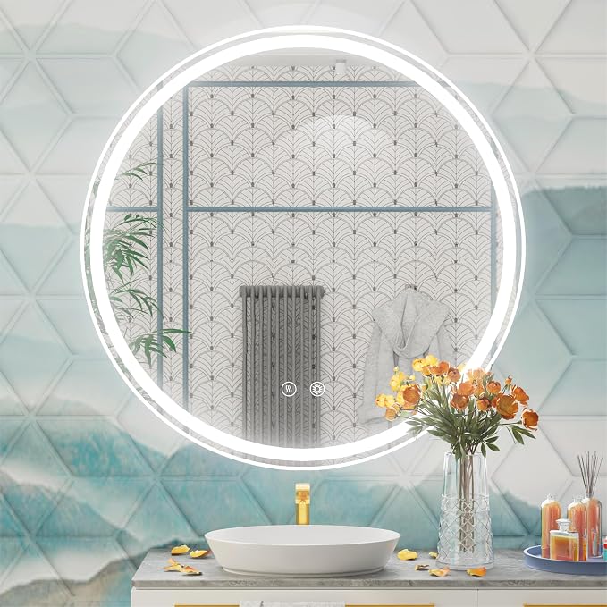 28 Inch Round LED Bathroom Mirror with Front & Backlit Lights | ETL Listed‌, Frameless 5mm HD Glass, Adjustable Brightness, Anti-Fog, Memory Function, CRI 90+, IP54 Waterproof