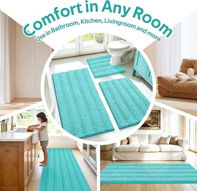 Striped Teal Green Bathroom Rug Set 3 Pieces Ultra Soft, Non Slip Chenille Toilet Mat, Absorbent Plush Shaggy Bath Mats for Bathroom, Bedroom, Kitchen, Turquoise