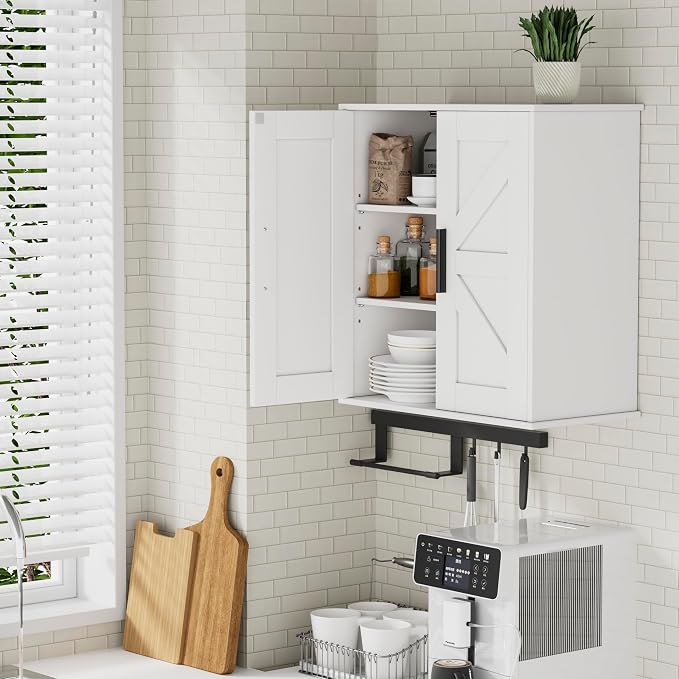 Homleke Bathroom Wall Cabinet, Medicine Cabinet with Adjustable Shelves | 3-Tier Wall Mounted Over Toilet Storage with Barn Doors, for Bathroom, Kitchen, Entryway, Laundry Room, White, (11.8" D)