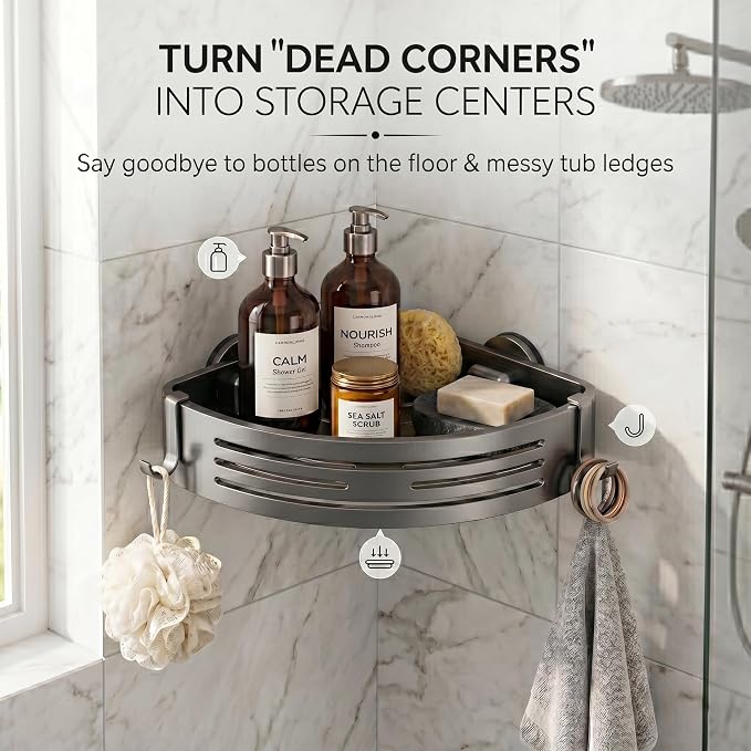 2 PCS Corner Shower Caddy Suction Cup, Rustproof Aluminum Shower Shelves with Hooks, No-Drilling Upgrade Bionic Suction Cup Shower Organizer, Removable Bathroom Storage Corner Shelf(Grey)