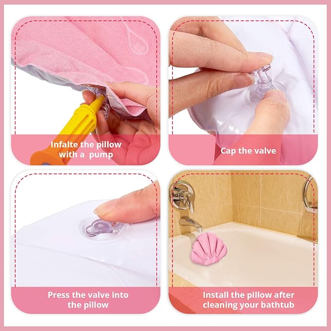 3 Pieces Inflatable Bath Pillow with Suction Cups, Terry Cloth Covered Shell Shape Bathtub Spa Pillow Comfortable Soft Cushion, Neck Support(Pink, Blue, White)