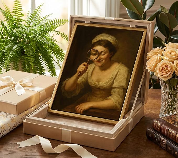 Floating Framed Funny Parody Bathroom Canvas Wall Art, Woman with Magnifier Painting Picture Wall Decor, Vintage Humor Victorian Poster Print Artwork for Toilet, Restroom, Home Decoration 8x10in