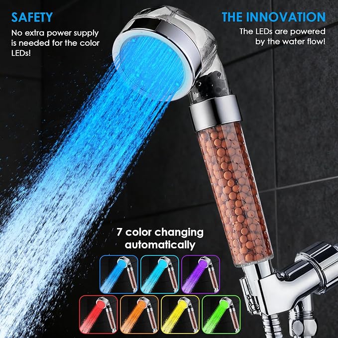 Vacto LED Handheld Shower Head Set with Filtration, Automatic 7-color Changing Shower Head Kit, Water Saving Showerheads with Filtration Beads, High Pressure Handheld Shower Head (No Hose and Bracket)