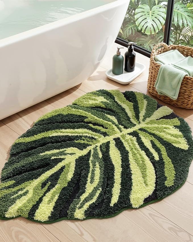 DEXI Cute Bath Mat, Green Leaf Monstera Bathroom Rugs 31.5x23.5 | Soft and Absorbent Microfiber, Non Slip, Machine Washable Bathmat for Shower Floor, Bedroom, Kids Room, Home Decor