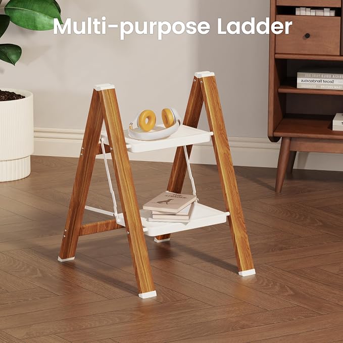 HBTower Step Ladder, Lightweight Aluminum Folding Step Stool | Anti-Slip Wide Pedal, 330lbs Capacity Step Ladder for Household Kitchen Office, WhiteWoodgrain