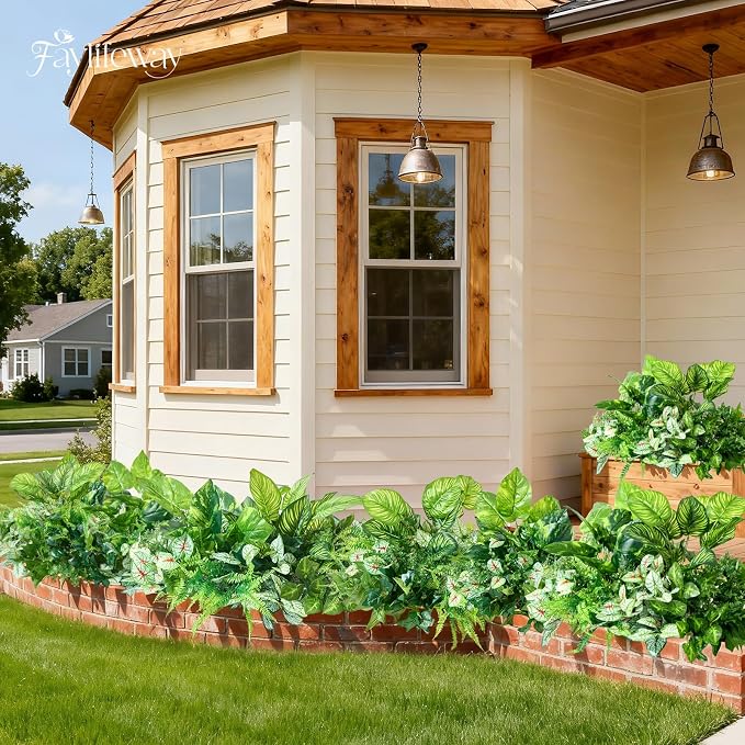 12 Bundles Artificial Plants Outdoor, UV Resistant Greenery | Large faux greenery stems for outside planters, porch, window box and patio garden decor. Maintenance free, pot not included