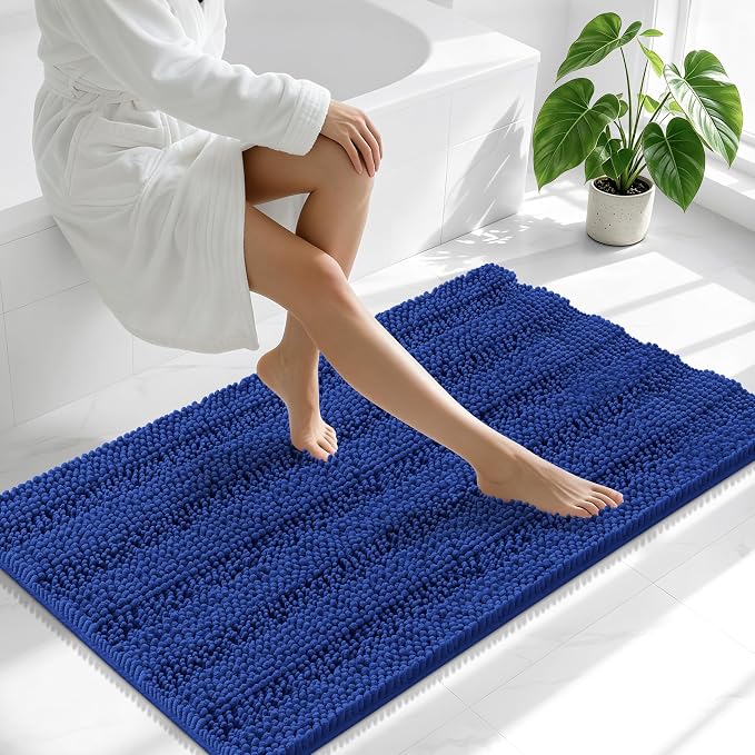 Smiry Thick Chenille Bathroom Runner Rugs 44x24, Soft Bath Mat, Royal Blue | Quick‑Dry & Machine Washable, Non‑Slip Bath Carpet, Striped Bath Rugs for Tub & Shower, Modern Home Decor Accessories