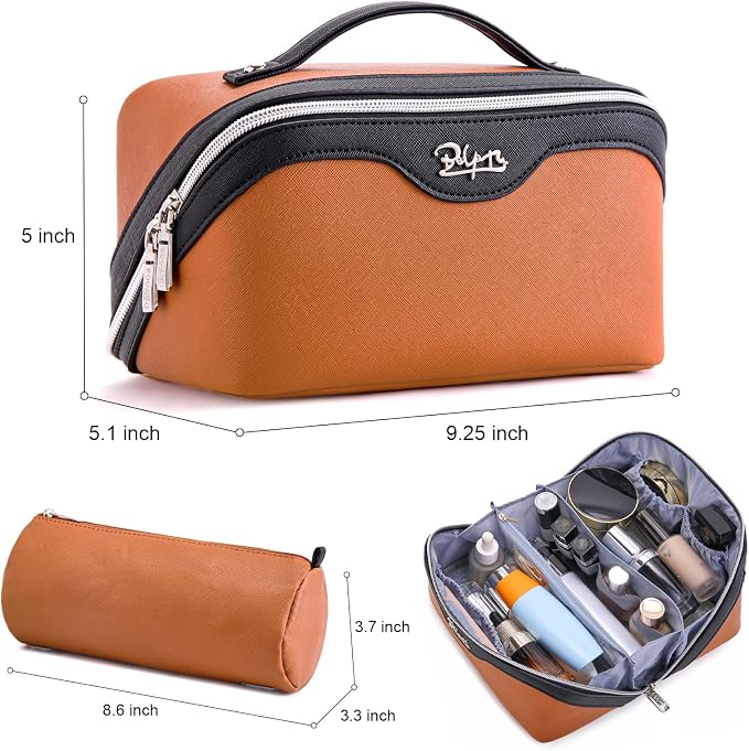 BOYATU Travel Makeup Bag Organizer Cosmetic Bag: 3 Pcs Set Make up Bags for Women with Handle - Waterproof Vegan Leather Toiletry Bags Travel Essentials Pouch with Compartments (A-07-Orange)
