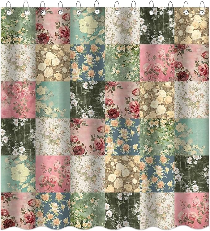 Shower Curtains for Bathroom, Boho Shower Curtain, Vintage Green Boho Floral Bathroom Decor Bath Curtain, Mid Century Waterproof Retro Farmhouse Patchwork Floral Shower Curtain, 72 X 84 Inches