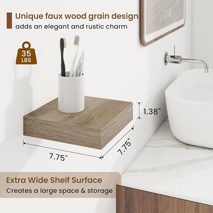 Marsmiles 8in Depth Floating Shelves, 8x8x1.4, Grey, Set of 3 | Small Wall Mounted Square Shelves, Engineered Wood, Invisible Brackets, Living Room, Bedroom, Bathroom, Kitchen Decor