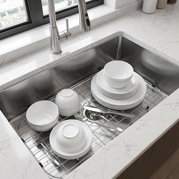 LQS Stainless Steel Kitchen Sink Grid and Sink Protector, Sinks Grate 26" x 13 3/8" with Center Drain Hole for Single Bowl, Sink Protectors for Kitchen Sink