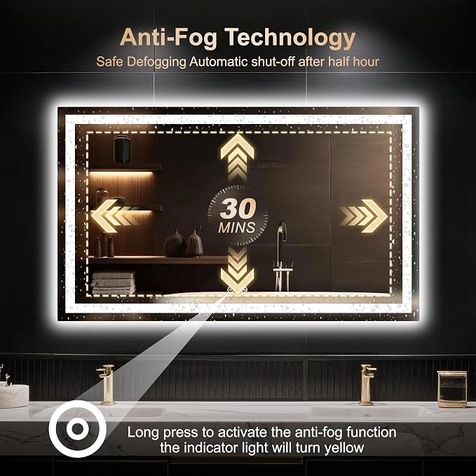 LED Mirror for Bathroom 30x50 Inch, Dimmable Front & Backlit Vanity Mirror with Anti-Fog, 3 Color Modes, Memory Function, Shatterproof Tempered Glass, Horizontal or Vertical Mount