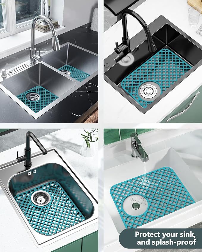2 Pack Silicone Sink Protectors for Kitchen Sink, Trellis 13x11 Green | Heat-resistant Non-Slip and Durable Silicone Grid Mat, 13-9/16" x 11-5/8" Rear Drain