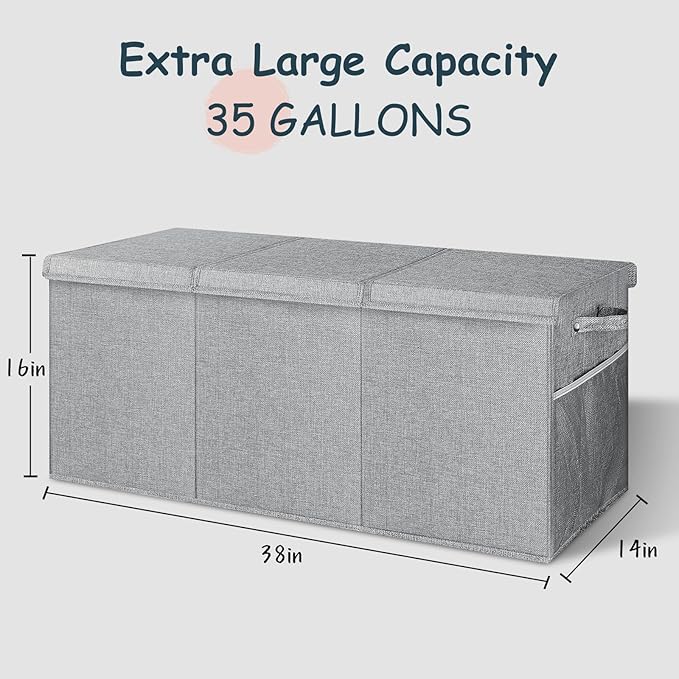 Extra Large Toy Box with Lids, Collapsible Storage Bin, 38"x16"x14",Gray | Sturdy Chest Basket with Dividers for Boys & Girls, Bedroom Nursery Playroom Organization