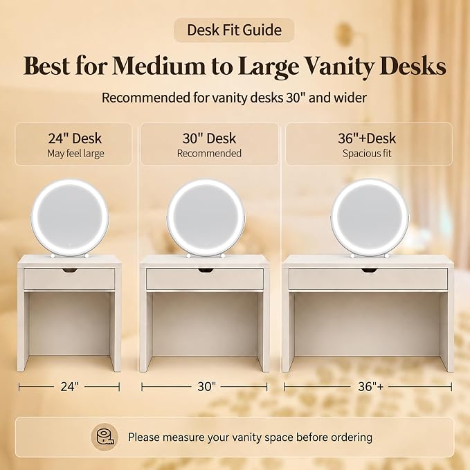 ROLOVE 18 Inch Makeup Mirror with Lights, Large Round Vanity Mirror for Tabletop Desk, Smart Touch Dimmable LED, 360° Rotation, White, Gifts for Women, Wife, Mom, Girls