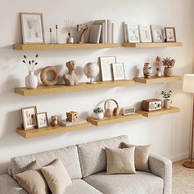 9.25in Depth 55in Floating Shelves, 55"W x 9.25"D x 1.5"H, Oak, 2Pcs | Long Wall Mounted Engineered Wood Shelves for Wall with Invisible Brackets for Living Room, Bedroom, Bathroom, Kitchen