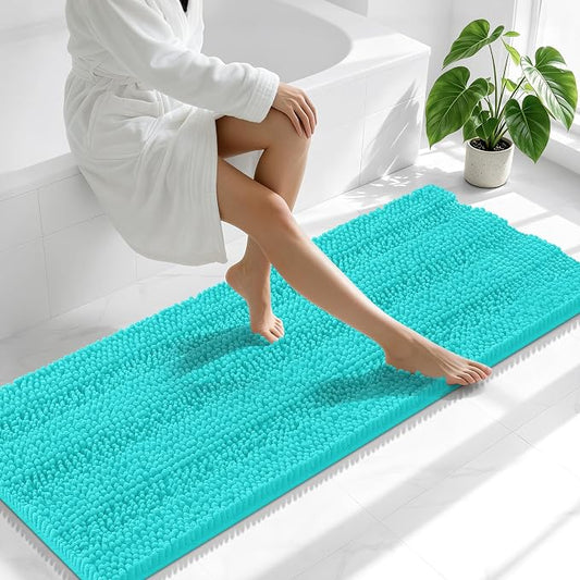 Smiry Thick Chenille Bathroom Runner Rugs 47x20, Absorbent Bath Mat, Teal | Quick‑Dry & Machine Washable, Non‑Slip Bath Carpet, Soft Striped Bath Rugs for Tub & Shower, Modern Home Decor Accessories
