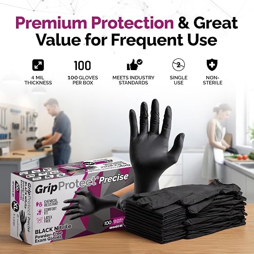 GripProtect Precise Black Nitrile Gloves 4 Mil, Chemical Resistant Gloves | Textured Grip for Mechanics, Tattoos, Food Prep & Cleaning – Medical Grade Disposable Gloves, XLarge Bulk Case of 1000