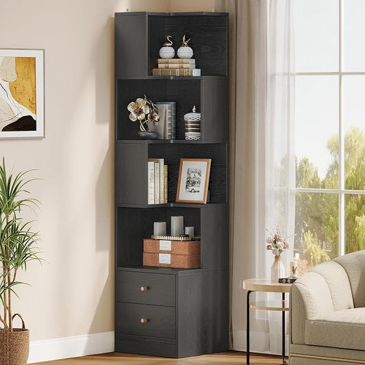 IRONCK Corner Bookshelf, 70.87" Tall Corner Bookcase with Drawers, Black | 90° design saves space. 110 lb capacity. Corner Shelf Storage Display Rack for Living Room Home Office