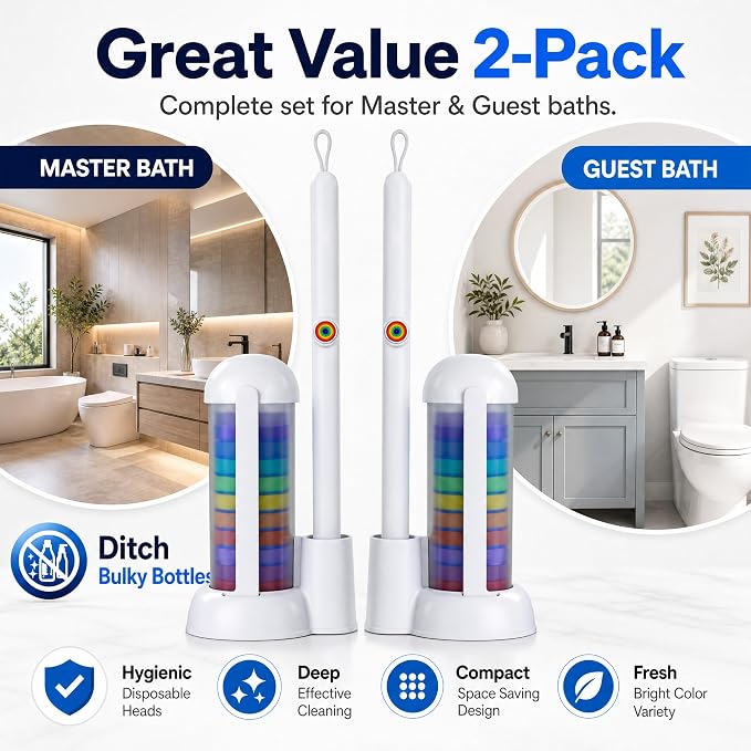 Disposable Toilet Brush Set with Caddy, 2 Handles, 28 Refills | Hands-free eject, secure-lock heads, 17 in handles, floor-standing caddy, preloaded sponge refills for toilet bowl cleaning