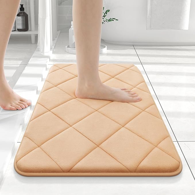 OLANLY Memory Foam Bath Mat 24x16, Ultra Soft and Absorbent Bathroom Rugs | Beige, Quick Dry, Machine Washable Shower Bath Rugs, Comfortable Bath Carpet for Bathroom Floor, Tub and Shower