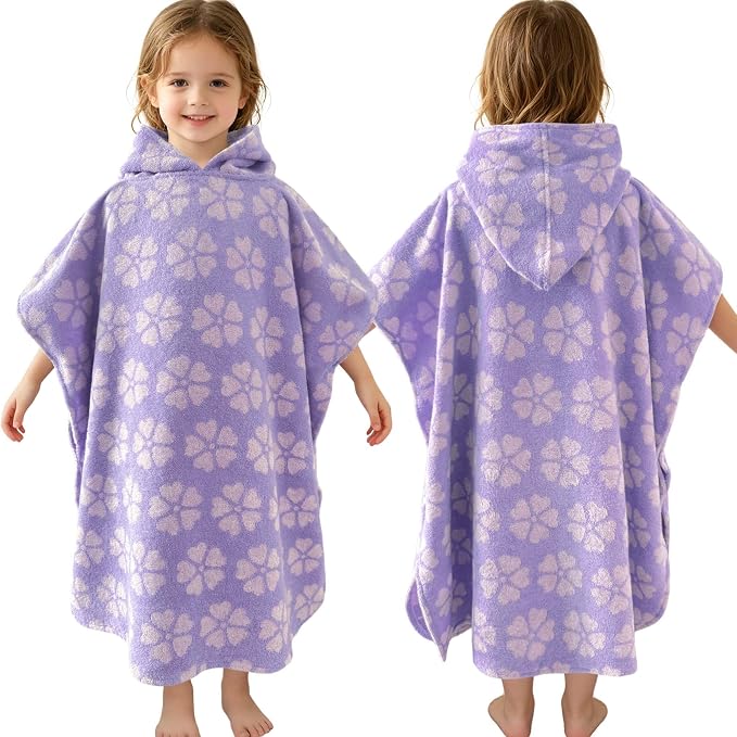 VOOVA & MOVAS Kids Poncho Towel, 4-6 Years, 100% Cotton,Purple Flower | Floral Jacquard Pattern, Soft, Absorbent & Quick Dry, Suitable for Bath, Pool, Swim and Beach