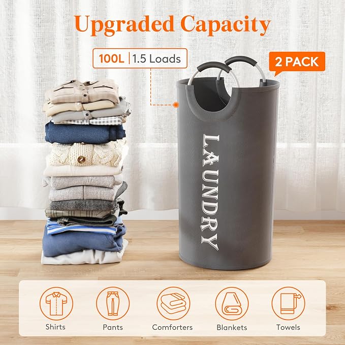 Lifewit 2 Pack 100L Laundry Basket with Aluminum Handles, Grey | Collapsible Large Laundry Hamper, Waterproof Fabric, Freestanding Dirty Clothes Hampers for Dorm, RV, Bedroom, Laundry Room