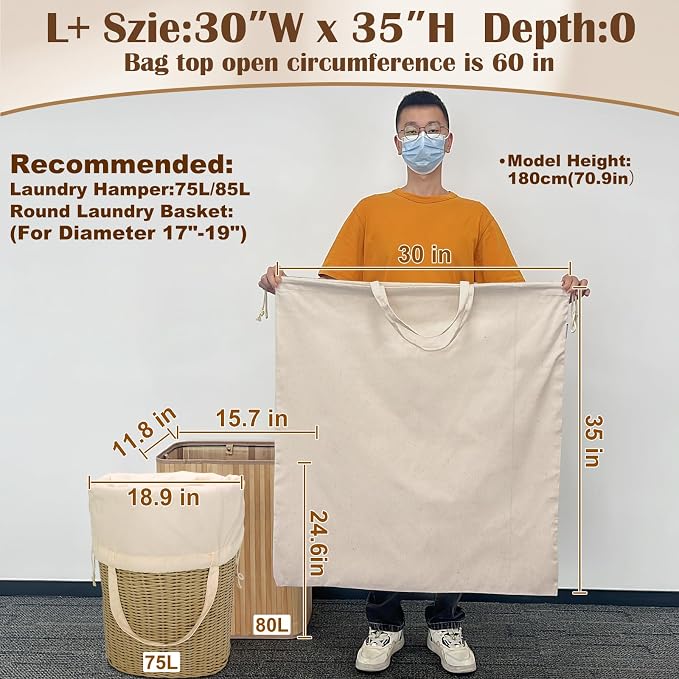 Cotton Canvas Laundry Bag 30"Wx 35"H, Thick Laundry Bag, Natural, 1 Pack | with Handles & Drawstring, Heavy Duty, Washable Storage Sack For Camp, College Dorm, Laundromat