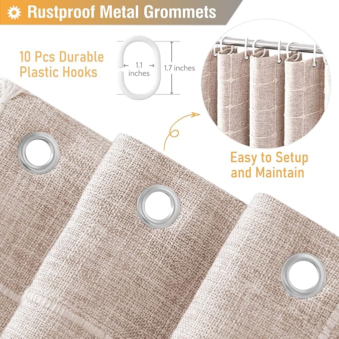 60x84 Boho Farmhouse Linen Heavy Duty Shower Curtain Set, Tan/Taupe | Narrow Long Size, 330GSM Linen Blend, 3-side Tassels, Water Repellent Fabric, 10 Hooks, Rustic Bohemian, Machine Washable