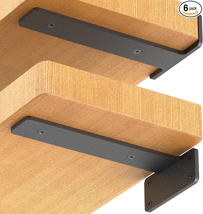 6 Pack Floating Shelf Brackets, 4 Inch Heavy Duty Industrial Shelf Bracket, Black Metal L Brackets for Shelves Support DIY(1/5 Inch Thicked)