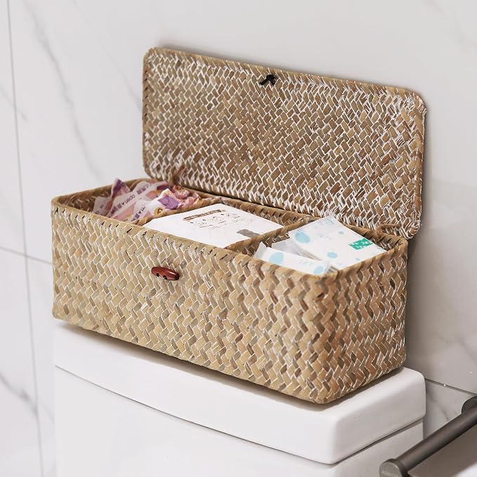 Whitewash Seagrass Tank Basket with Lid Woven Toilet Roll Storage Basket with Sections Rectangular for Organize Snack Toys (Large Compartment 16.5inch L x 5.5inch W x 5.5inch H)
