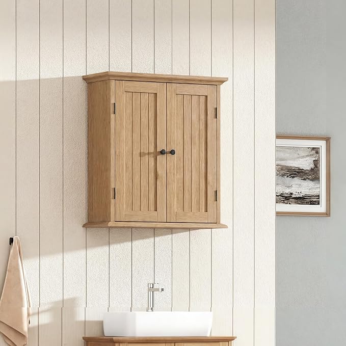ChooChoo Bathroom Wall Cabinet with 2 Doors, Over The Toilet | 8.8"D x 21.1"W x 24"H, Medicine Cabinet, Adjustable Shelves, Cupboard, Natural